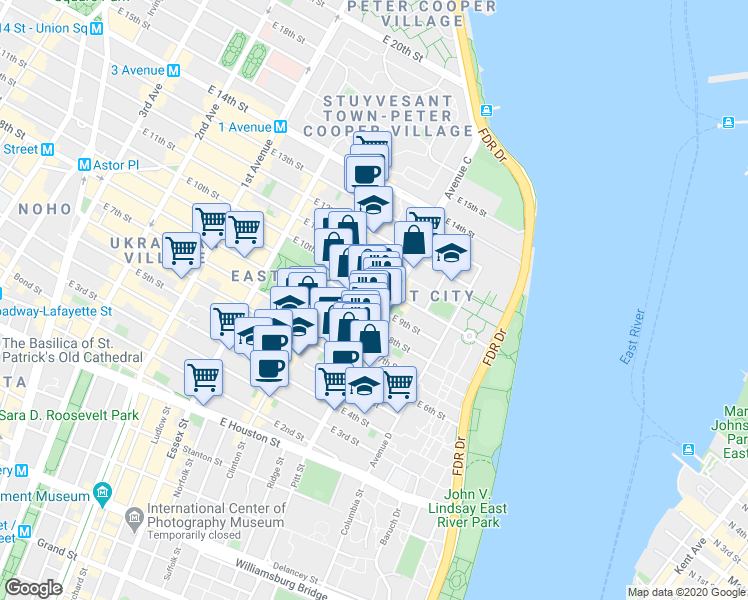 map of restaurants, bars, coffee shops, grocery stores, and more near in New York