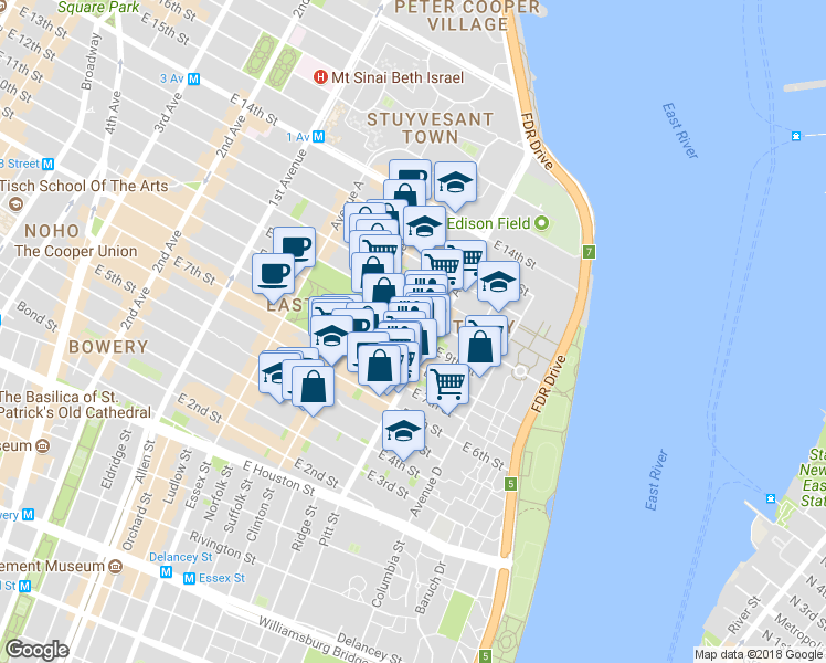 map of restaurants, bars, coffee shops, grocery stores, and more near 131 Loisaida Avenue in New York
