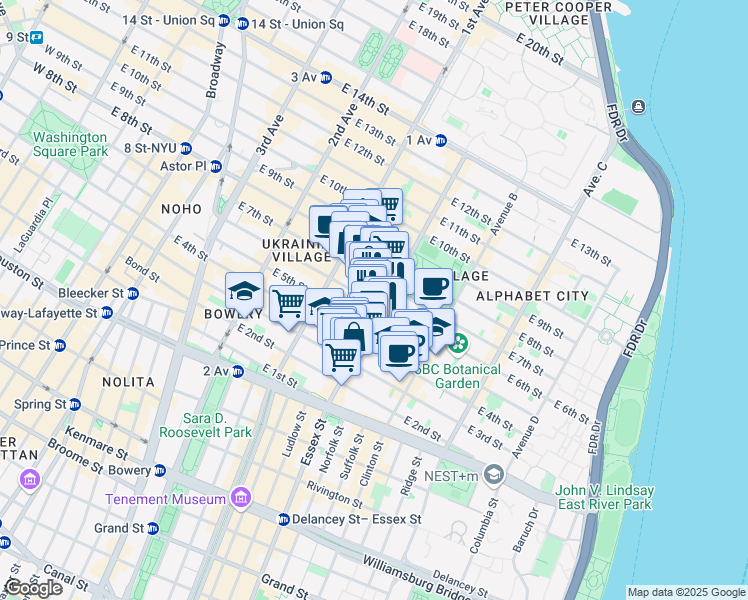 map of restaurants, bars, coffee shops, grocery stores, and more near 79 Avenue A in New York