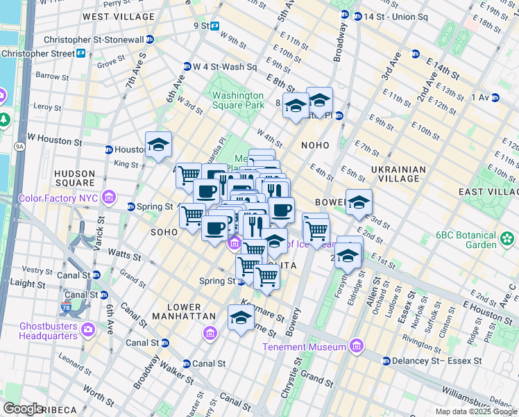 map of restaurants, bars, coffee shops, grocery stores, and more near 286 Lafayette Street in New York