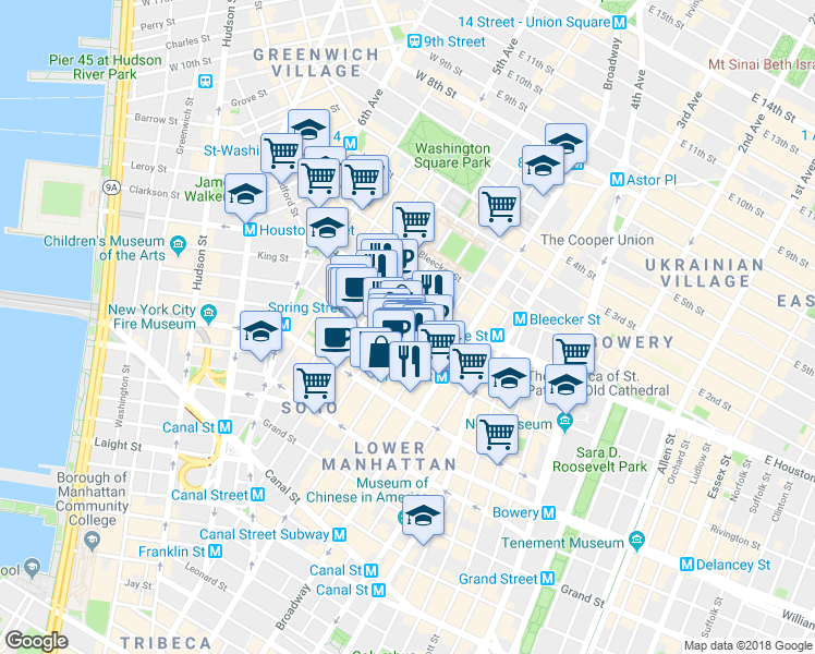 map of restaurants, bars, coffee shops, grocery stores, and more near 110 Prince Street in New York