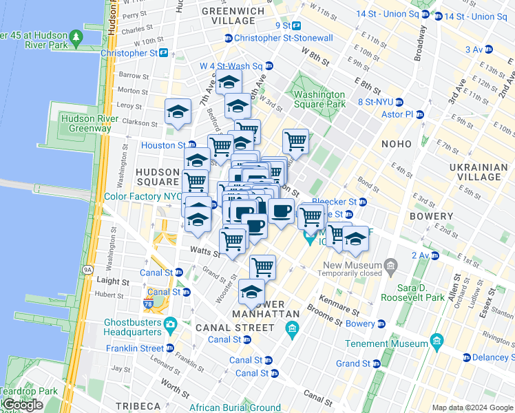 map of restaurants, bars, coffee shops, grocery stores, and more near 423 West Broadway in New York