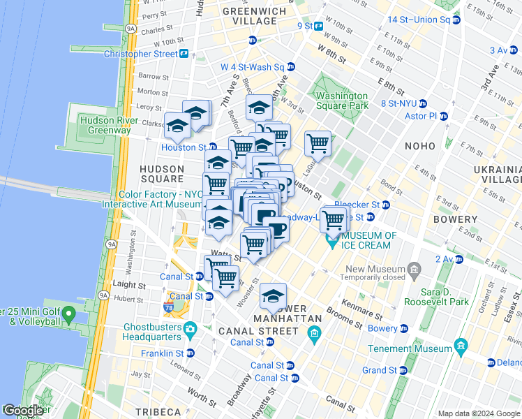 map of restaurants, bars, coffee shops, grocery stores, and more near in New York