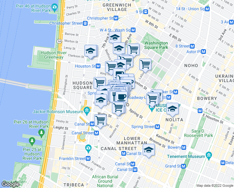 map of restaurants, bars, coffee shops, grocery stores, and more near 416 West Broadway in New York