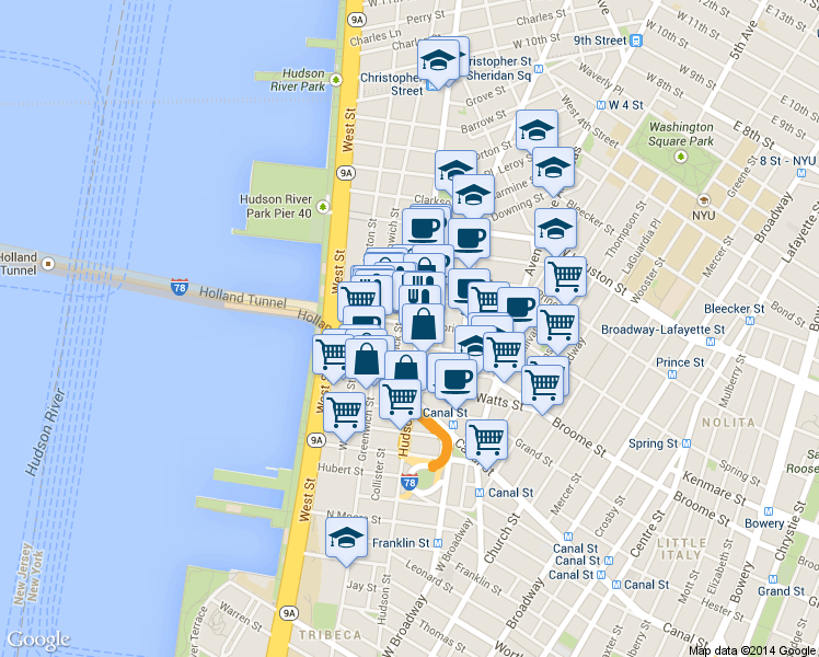map of restaurants, bars, coffee shops, grocery stores, and more near 15 Renwick Street in New York