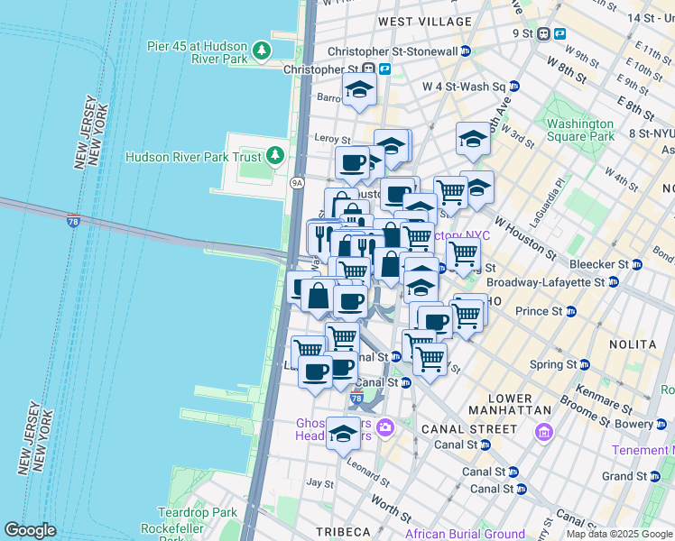 map of restaurants, bars, coffee shops, grocery stores, and more near 15 Renwick Street in New York