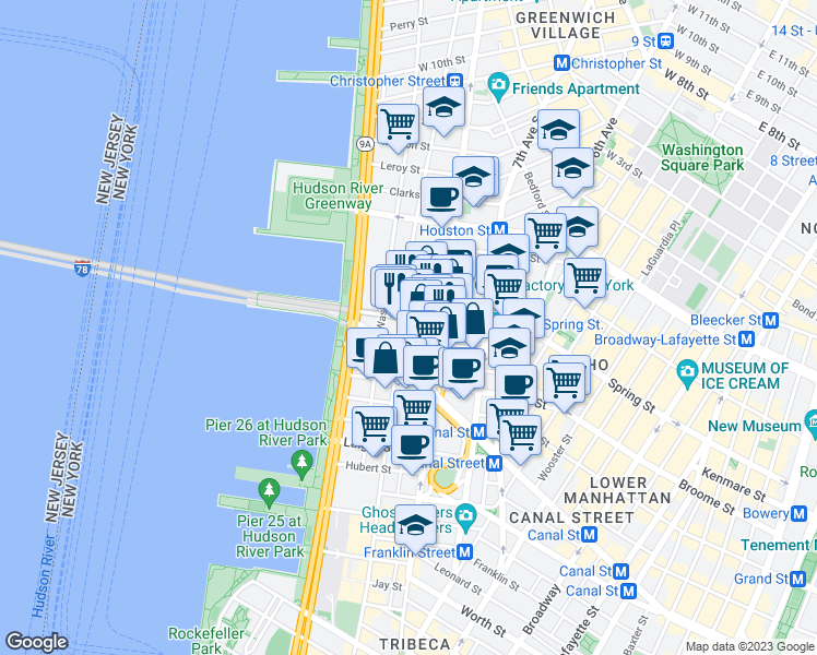 map of restaurants, bars, coffee shops, grocery stores, and more near 15 Renwick Street in New York