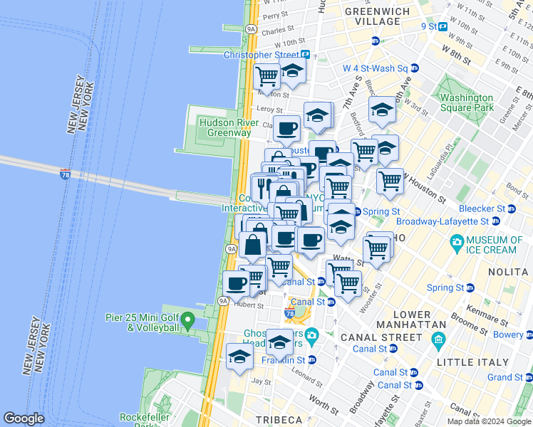 map of restaurants, bars, coffee shops, grocery stores, and more near 471 Washington Street in New York