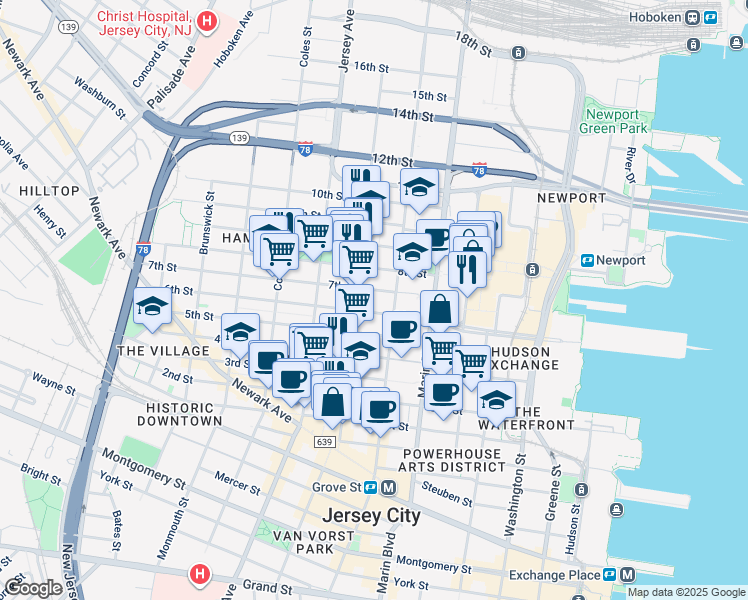 map of restaurants, bars, coffee shops, grocery stores, and more near 441 Manila Avenue in Jersey City