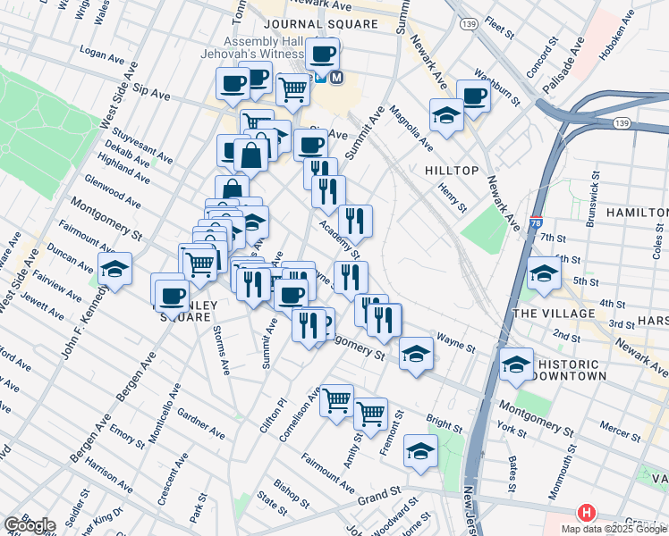 map of restaurants, bars, coffee shops, grocery stores, and more near 9 Gray Street in Jersey City