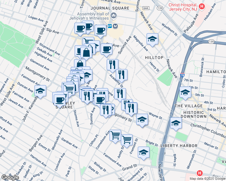 map of restaurants, bars, coffee shops, grocery stores, and more near 9 Gray Street in Jersey City