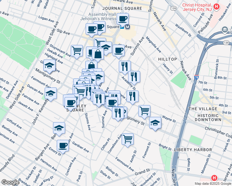 map of restaurants, bars, coffee shops, grocery stores, and more near in Jersey City