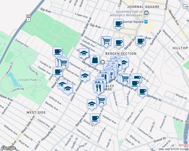 map of restaurants, bars, coffee shops, grocery stores, and more near 333 Fairmount Avenue in Jersey City