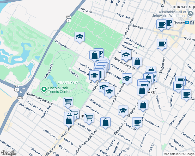 map of restaurants, bars, coffee shops, grocery stores, and more near 720 West Side Avenue in Jersey City