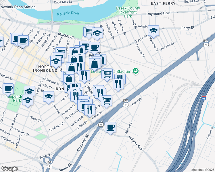 map of restaurants, bars, coffee shops, grocery stores, and more near 133 Magazine Street in Newark