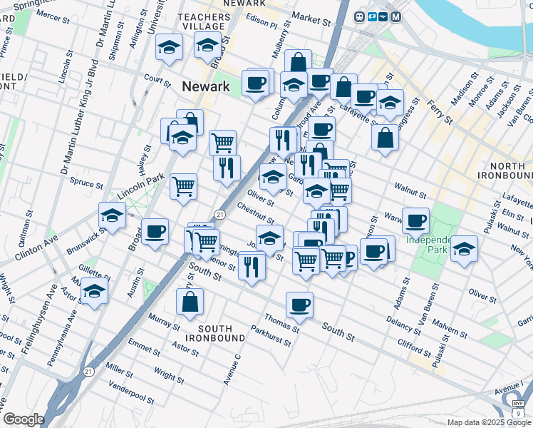 map of restaurants, bars, coffee shops, grocery stores, and more near 14 Hermon Street in Newark