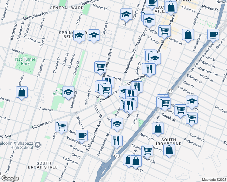 map of restaurants, bars, coffee shops, grocery stores, and more near 15 Thomas Street in Newark