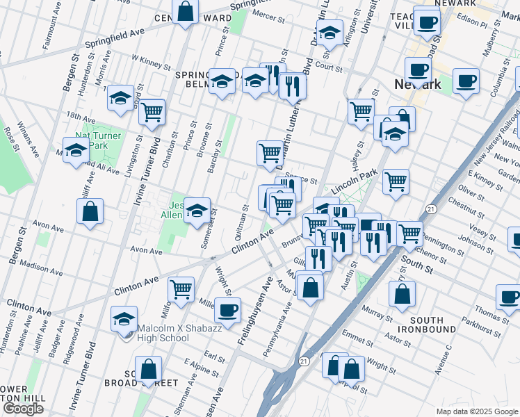 map of restaurants, bars, coffee shops, grocery stores, and more near 147-155 Clinton Avenue in Newark