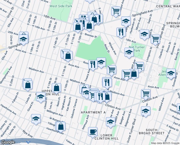 map of restaurants, bars, coffee shops, grocery stores, and more near 15 Farley Avenue in Newark