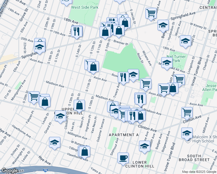 map of restaurants, bars, coffee shops, grocery stores, and more near 49 Treacy Avenue in Newark