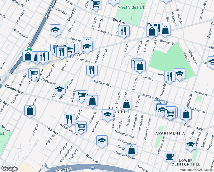 map of restaurants, bars, coffee shops, grocery stores, and more near 844 South 15th Street in Newark