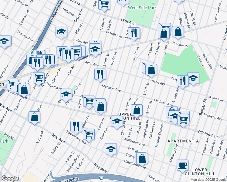 map of restaurants, bars, coffee shops, grocery stores, and more near 877 South 16th Street in Newark