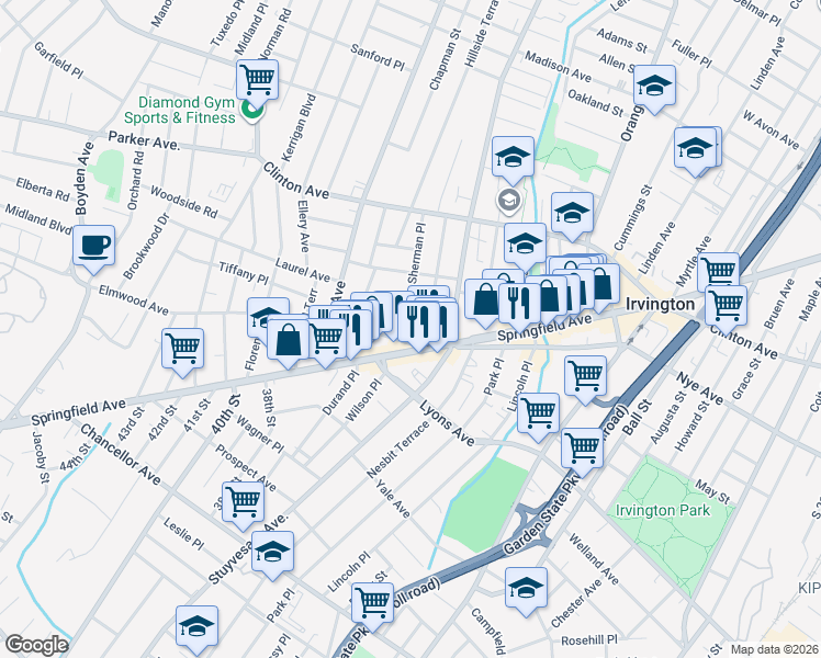 map of restaurants, bars, coffee shops, grocery stores, and more near 1197 County Route 603 in Irvington