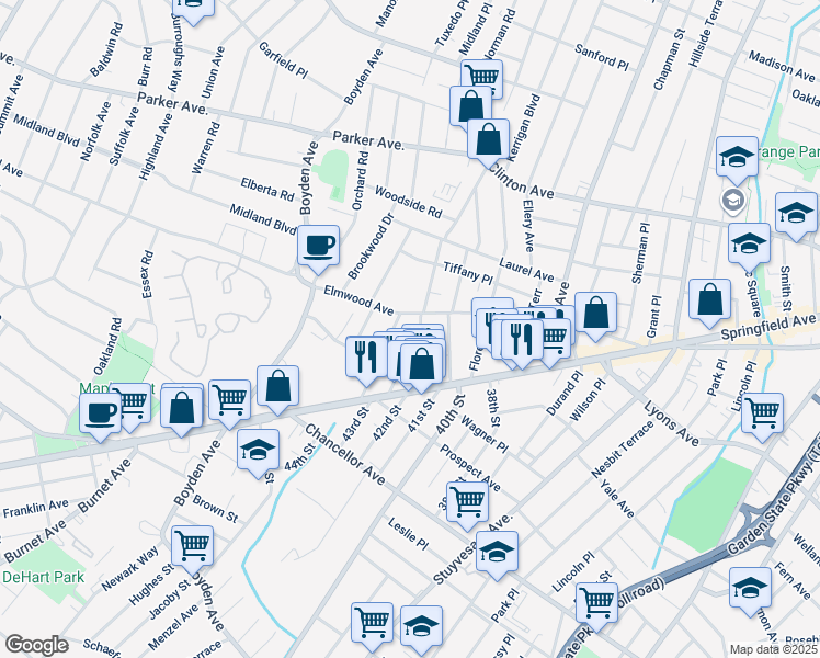 map of restaurants, bars, coffee shops, grocery stores, and more near 23 Franklin Terrace in Irvington
