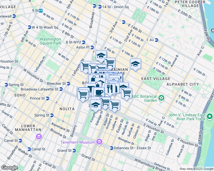 map of restaurants, bars, coffee shops, grocery stores, and more near 96 East 4th Street in New York
