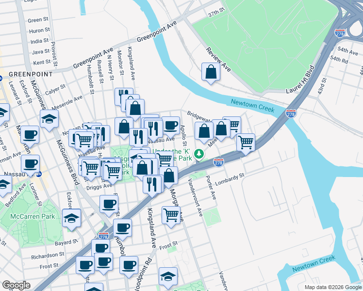 map of restaurants, bars, coffee shops, grocery stores, and more near 51 Apollo Street in Brooklyn