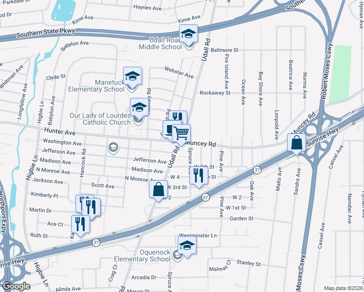 map of restaurants, bars, coffee shops, grocery stores, and more near 119 West 6th Street in West Islip