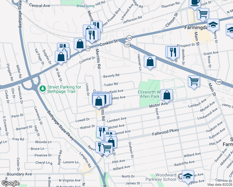 map of restaurants, bars, coffee shops, grocery stores, and more near 22 McKinley Avenue in Farmingdale