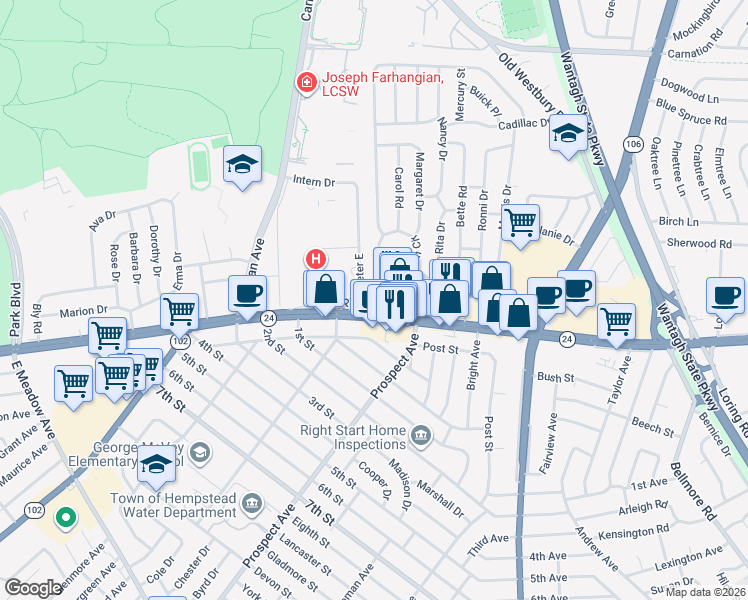 map of restaurants, bars, coffee shops, grocery stores, and more near 2282 Hempstead Turnpike in East Meadow