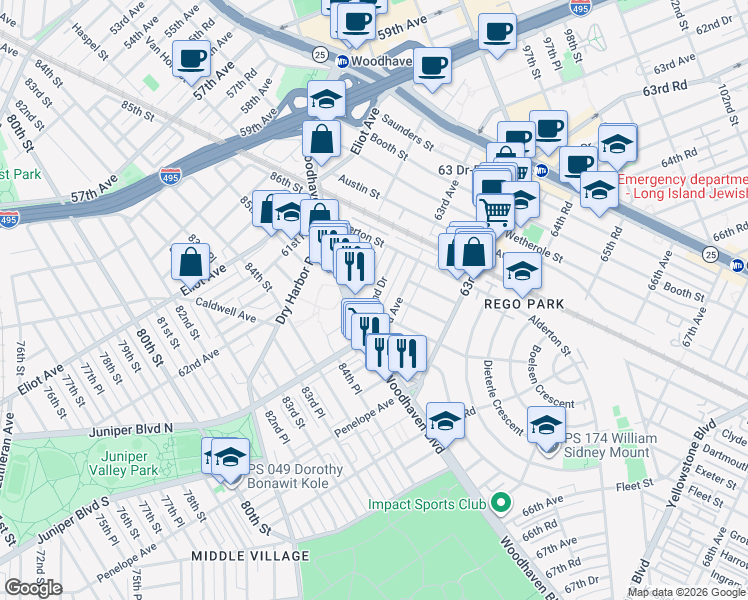 map of restaurants, bars, coffee shops, grocery stores, and more near in Queens