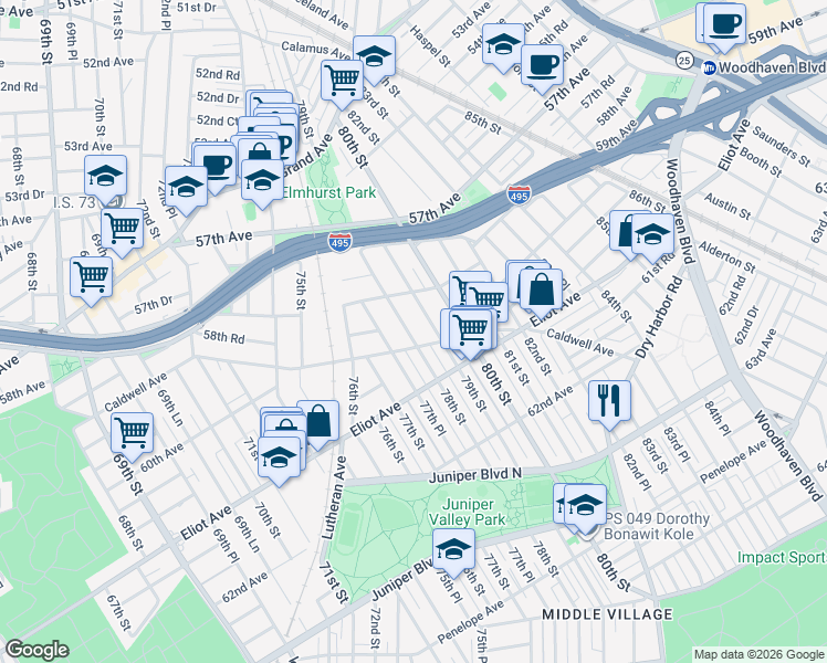 map of restaurants, bars, coffee shops, grocery stores, and more near 60-03 77th Place in Queens