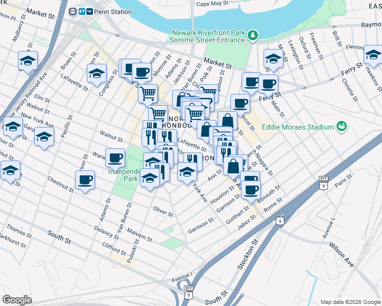 map of restaurants, bars, coffee shops, grocery stores, and more near 421 Walnut Street in Newark