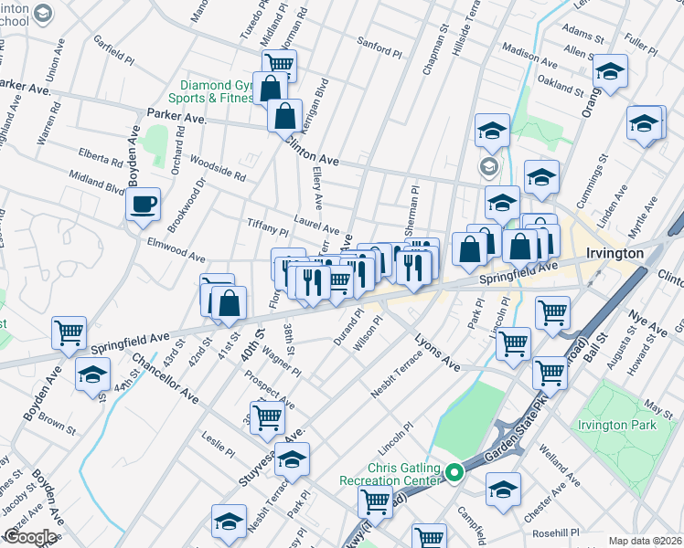 map of restaurants, bars, coffee shops, grocery stores, and more near 1256 Springfield Avenue in Irvington