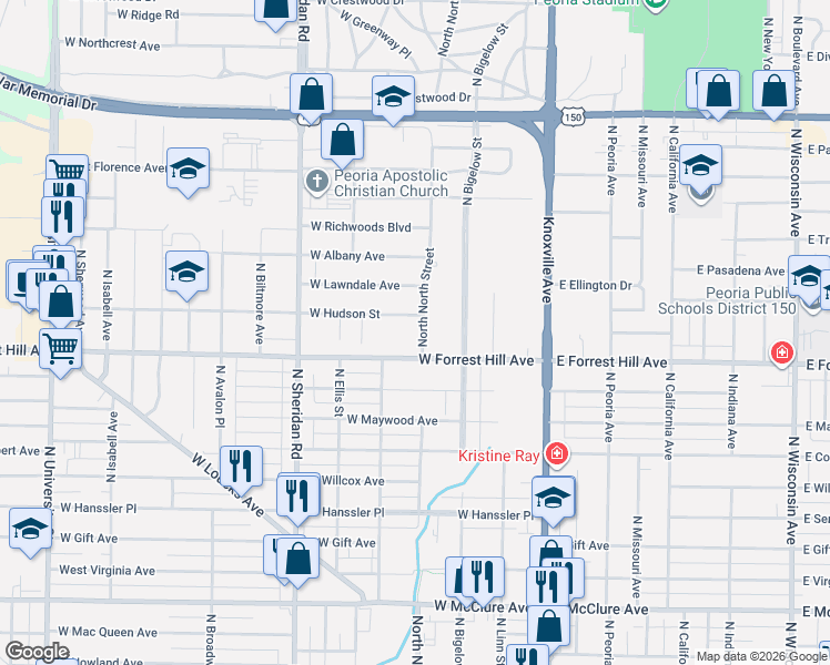 map of restaurants, bars, coffee shops, grocery stores, and more near 321 West Forrest Hill Avenue in Peoria