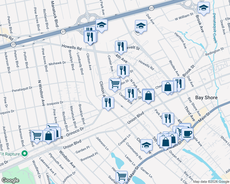 map of restaurants, bars, coffee shops, grocery stores, and more near 124b 5th Avenue in Bay Shore