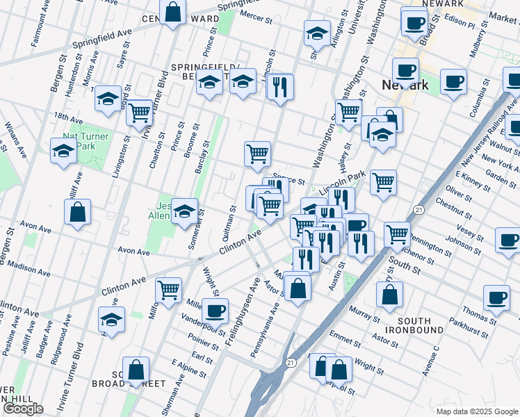 map of restaurants, bars, coffee shops, grocery stores, and more near 147-155 Clinton Avenue in Newark