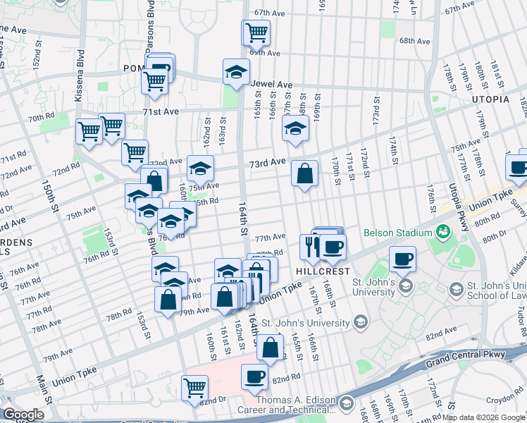 map of restaurants, bars, coffee shops, grocery stores, and more near 164-14 76th Road in Queens