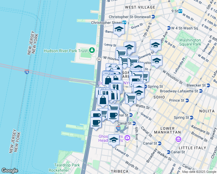 map of restaurants, bars, coffee shops, grocery stores, and more near 471 Washington Street in New York