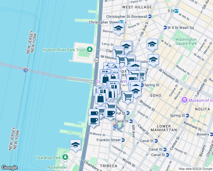 map of restaurants, bars, coffee shops, grocery stores, and more near 508 Greenwich Street in New York