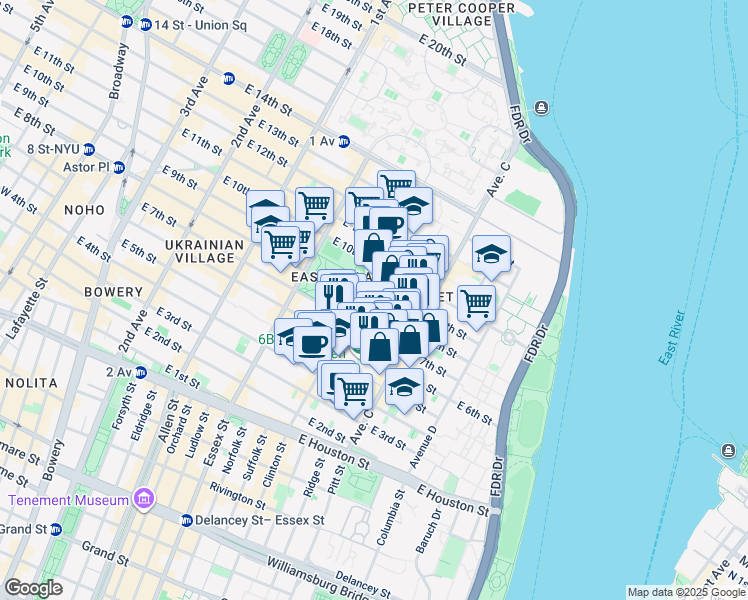 map of restaurants, bars, coffee shops, grocery stores, and more near 299 East 8th Street in New York