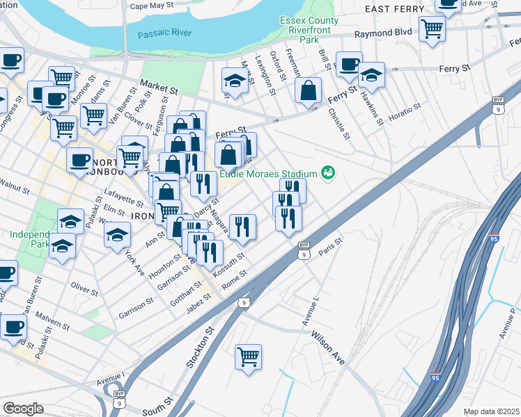 map of restaurants, bars, coffee shops, grocery stores, and more near 133 Magazine Street in Newark