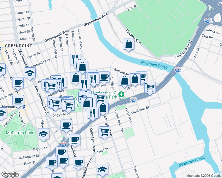 map of restaurants, bars, coffee shops, grocery stores, and more near 51 Apollo Street in Brooklyn