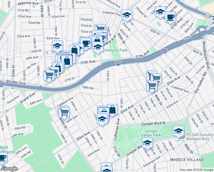 map of restaurants, bars, coffee shops, grocery stores, and more near 58-39 74th Street in Queens