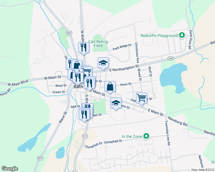 map of restaurants, bars, coffee shops, grocery stores, and more near 233 Penn Street in Bath