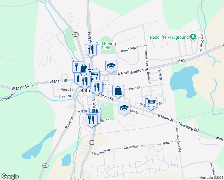 map of restaurants, bars, coffee shops, grocery stores, and more near 221 East Main Street in Bath