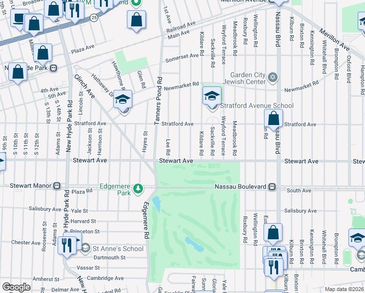 map of restaurants, bars, coffee shops, grocery stores, and more near 165 Stewart Avenue in Garden City